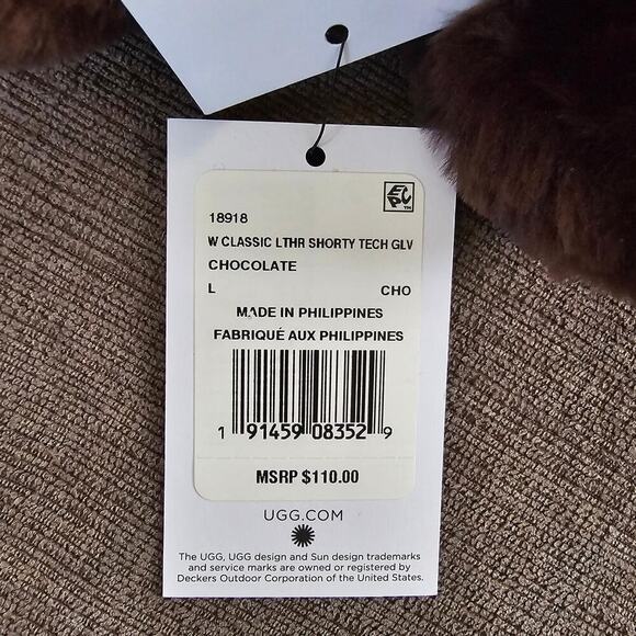 UGG Women's Brown Leather Shorty Tech Tip Real Fur Cuff Gloves Size L/G - Picture 11 of 11